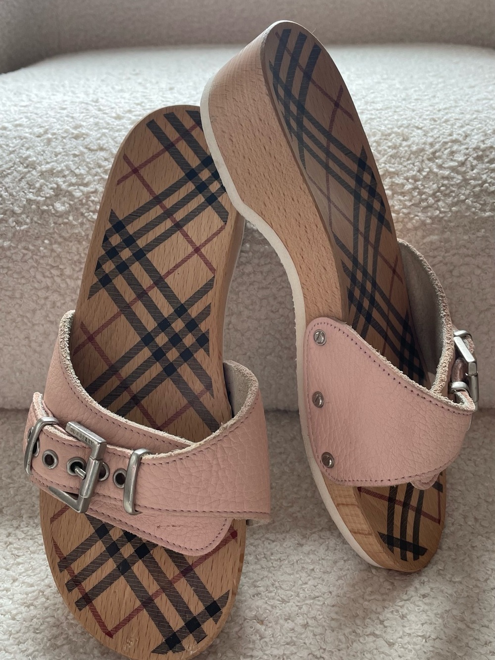 Burberry Pink Leather Buckle Clog Mules with Signature Check Insole